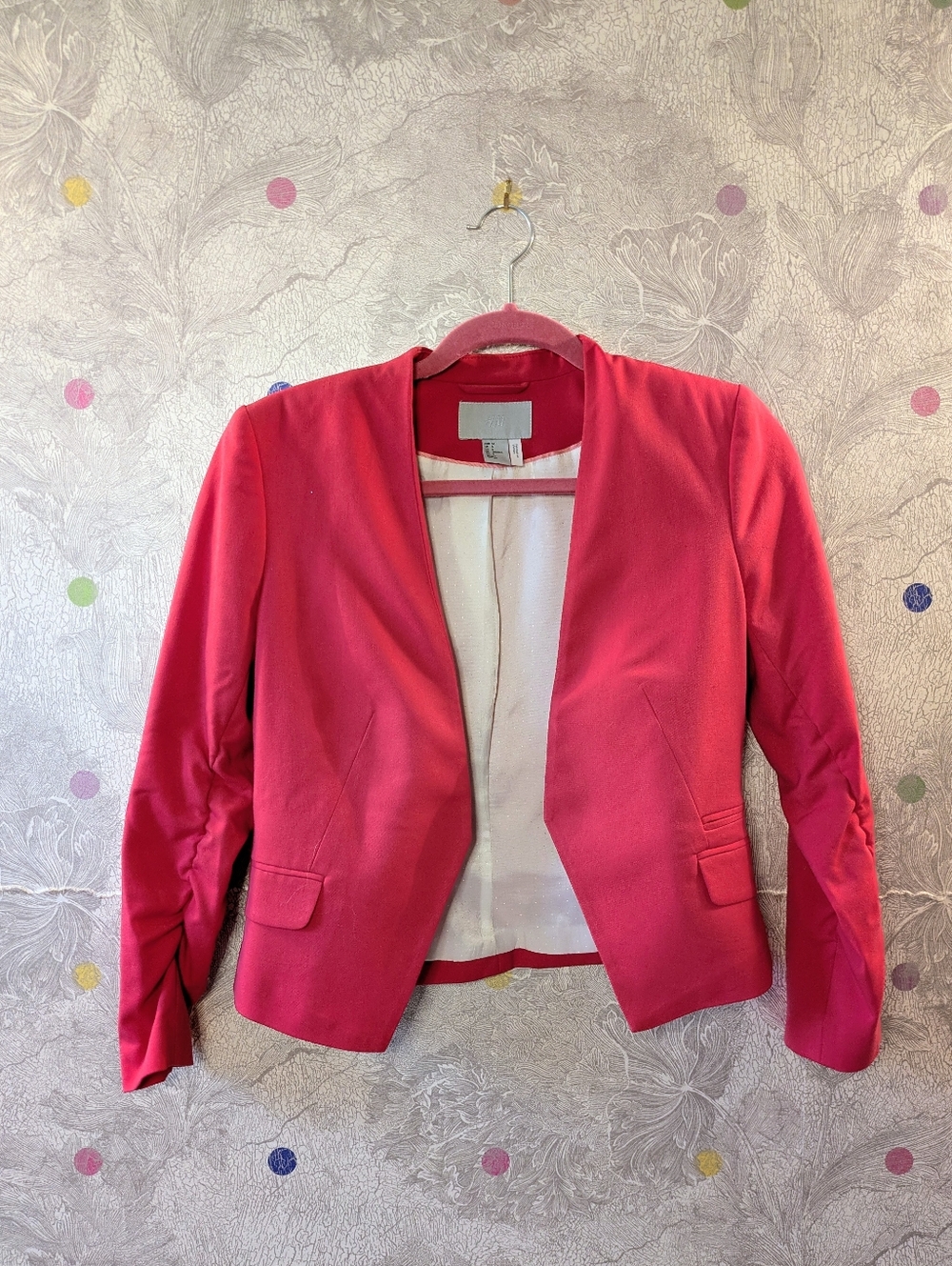 H&M Bright Pink Collarless Open-Front Blazer with Ruched 3/4 Sleeves